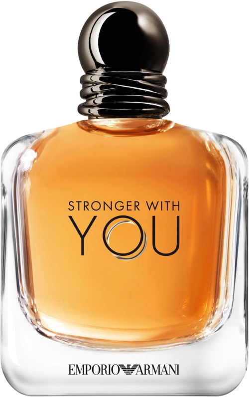 Ein Parfümflasche mit rundem silbernen Deckel und orangefarbenem Inhalt. Die Worte 'Stronger with You'.