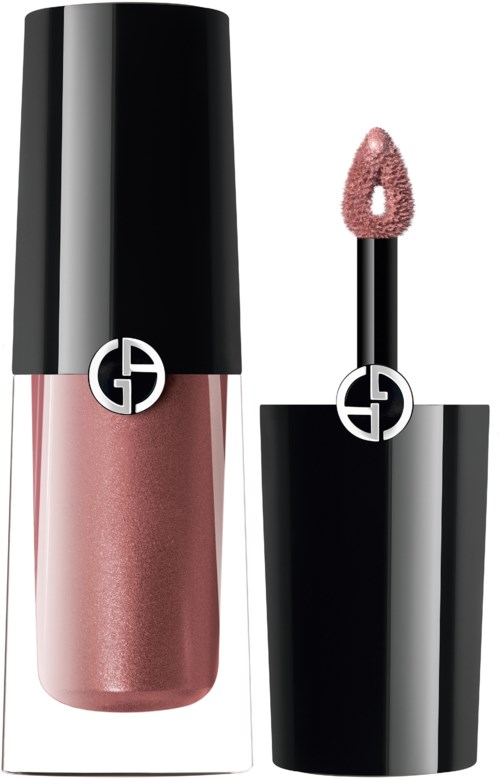 A lip gloss with a shiny pink shade, black cap, and a logo on the cap and applicator.