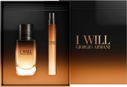 Giorgio Armani I Will perfume gift set with a bottle and a matching spray, black and orange packaging.