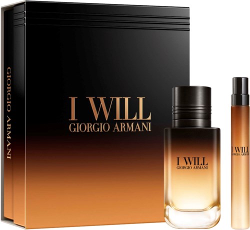 Giorgio Armani I Will perfume set with black and beige gradient box, perfume bottle, and a small spray.