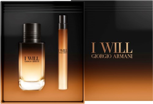 Giorgio Armani I Will perfume gift set with bottle and spray inside a black and orange box.