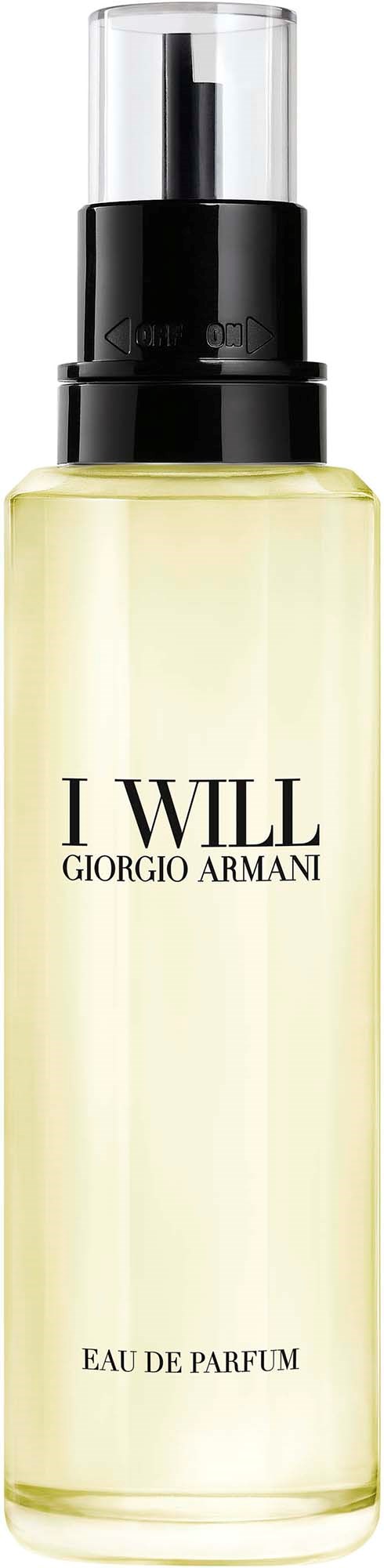 Pitkä tuoksupullo mustalla suuttimella ja selkeällä etiketillä jossa lukee I WILL GIORGIO ARMANI, sisältää parfyymin.
