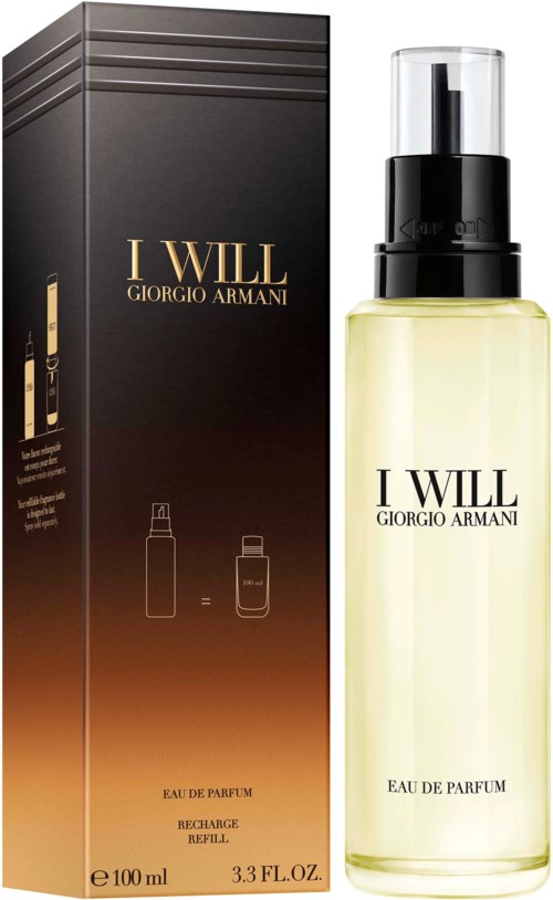 Giorgio Armani I Will hajuvesi kirkkaassa lasipullossa mustalla pumppupäällyksellä, vieressä musta ja kultainen laatikko.