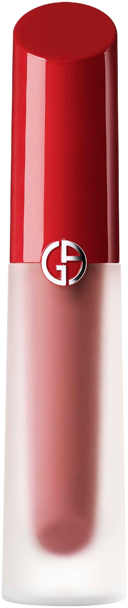 A lipstick tube with a red top and a clear bottom, showing the pink lipstick inside.