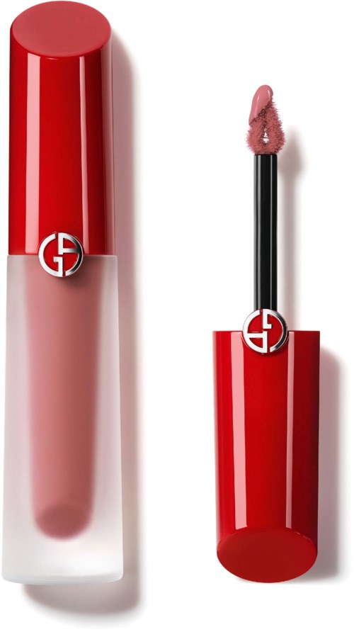A lipstick tube with a pinkish lipstick and a cap, both in red, featuring a logo. The cap is off, showing the lipstick.