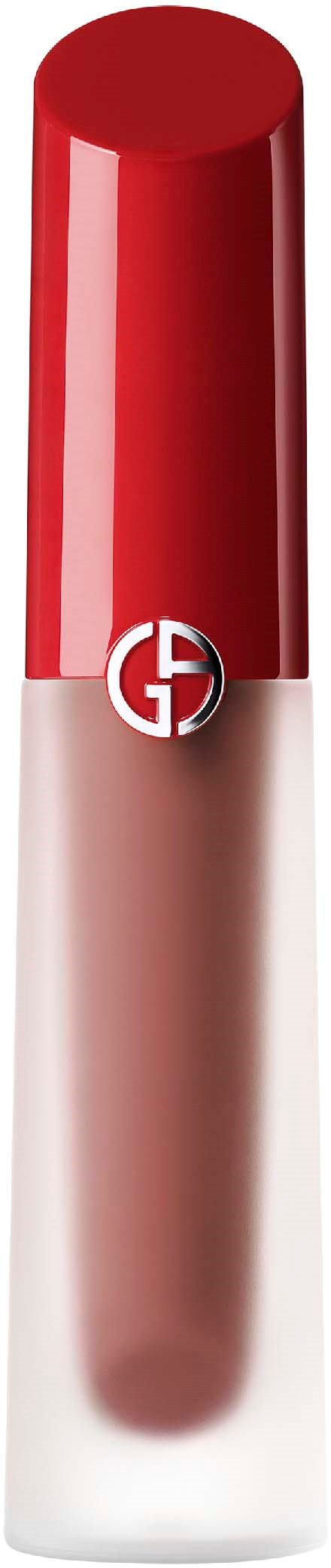 Ein Lippenstift mit rotem Deckel und halbtransparentem Körper, der den Lippenstift zeigt, mit Logo auf dem Deckel.