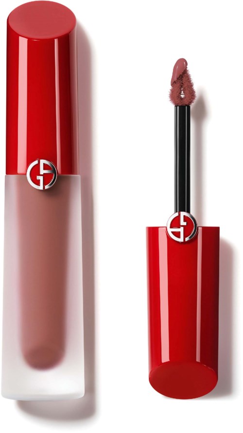 Ein Lippenstift mit rotem Deckel und transparentem Boden, mit entferntem Applikator, der die Farbe zeigt.