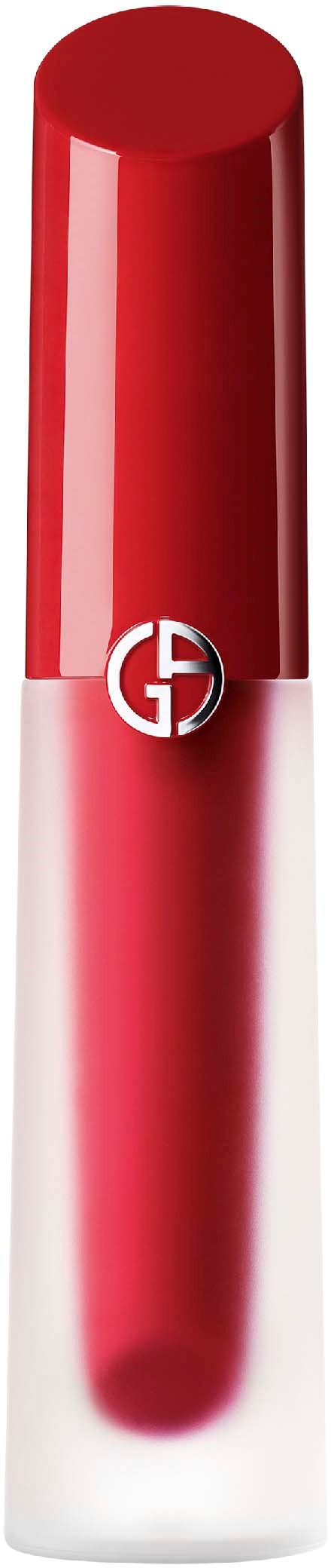 A red lipstick tube with a silver base and logo, shown against a black background.