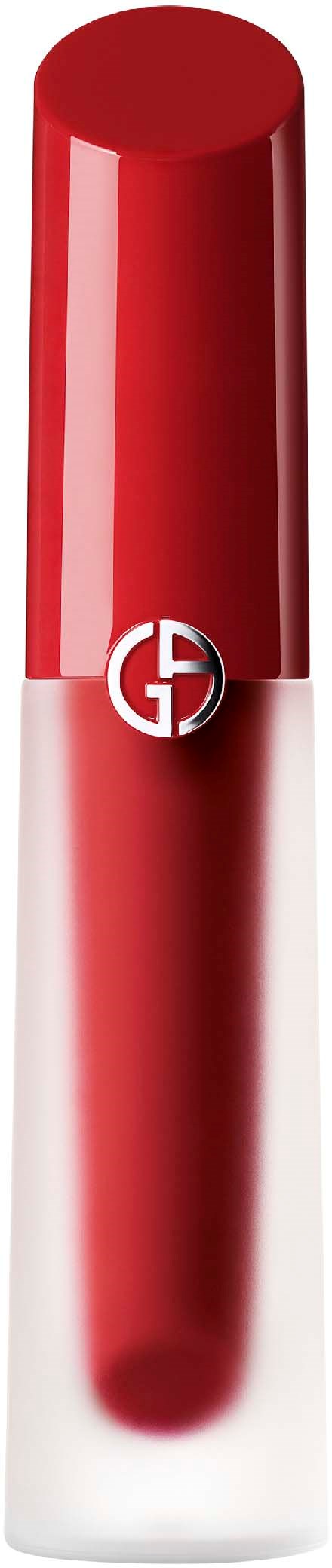 Ein roter Lippenstift mit silberner Basis und Logo an der Spitze, vor schwarzem Hintergrund.
