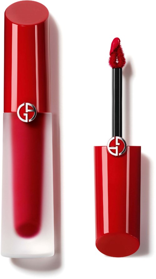 En röd läppstift med lösbar kapsel och en svart appliceringsspatel med röd läppstift inuti.