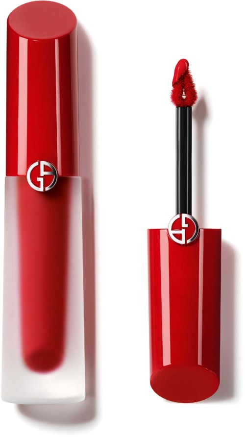 Ein roter Lippenstift ohne Deckel, zeigt den Lipgloss und ein Logo auf der Tube.
