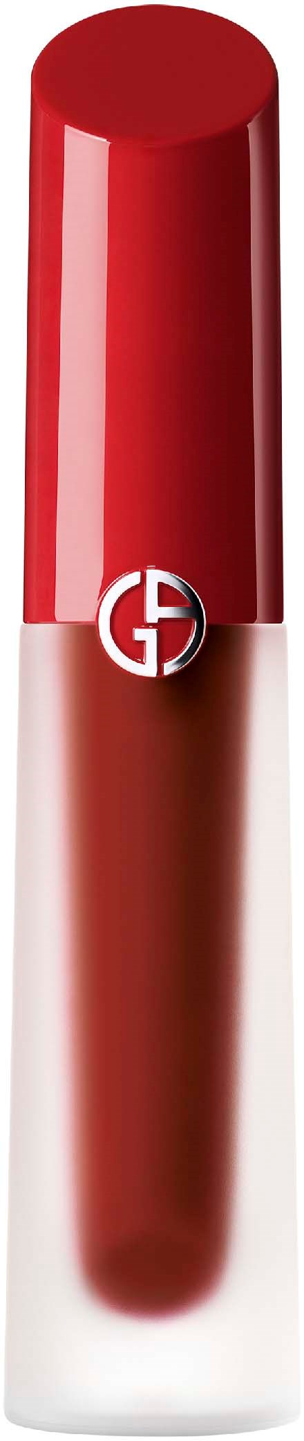 Ein roter und weißer Lippenstift mit Logo, steht aufrecht vor einem schwarzen Hintergrund.