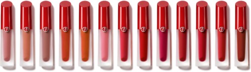 Eine Reihe von 12 Lippenstiftstiften mit roten Kappen, in verschiedenen Farbtönen.