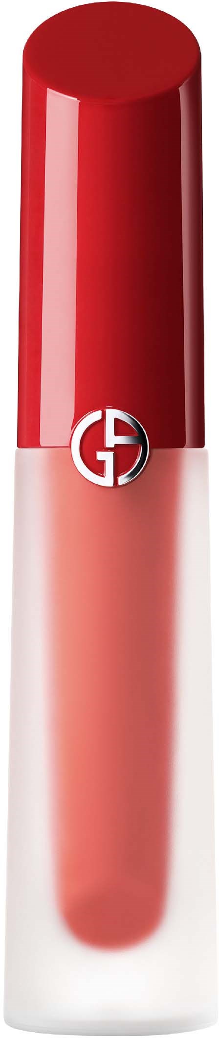 A lip gloss tube with a red cap and a white bottom, displaying a red lipstick shade.