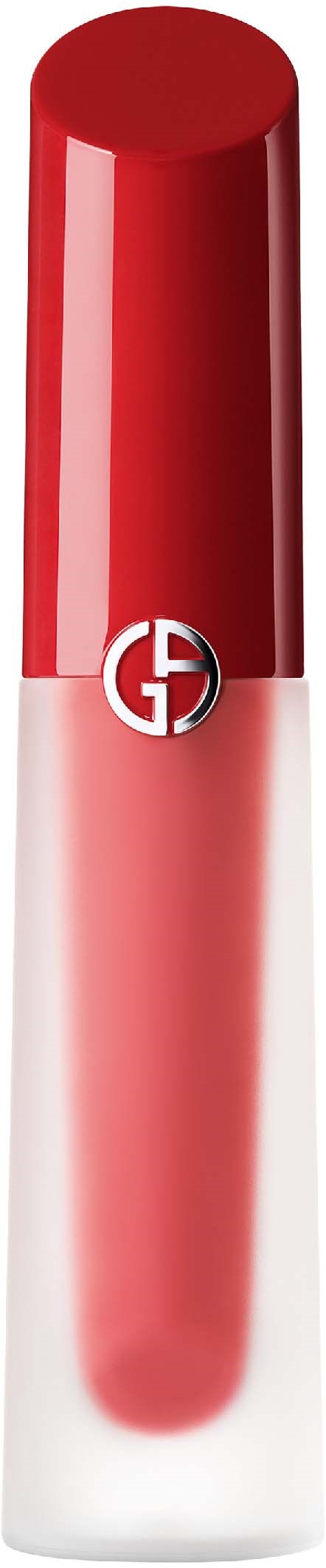 A lipstick with a red cap and a transparent body showing pink lipstick inside, with a logo on it.