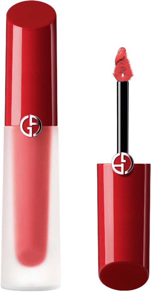 A lipstick with a red cap and a pinkish-red base, featuring a logo near the top, with the applicator wand next to it.