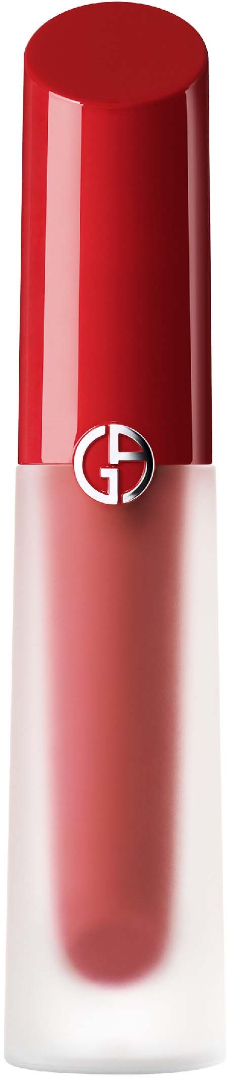 A red lipstick with a silver base and a logo on the middle part. The background is black.