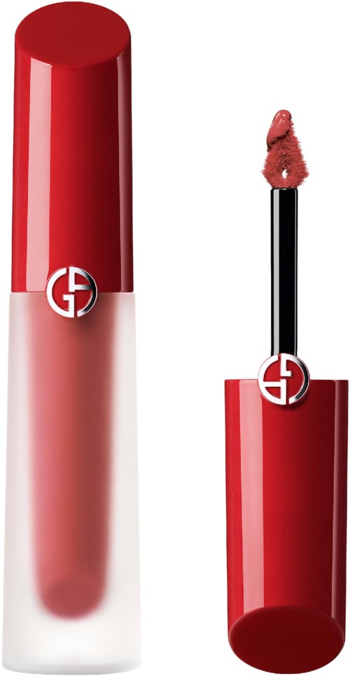 A lipstick tube with a red cap and a lip gloss applicator showing pinkish lipstick.