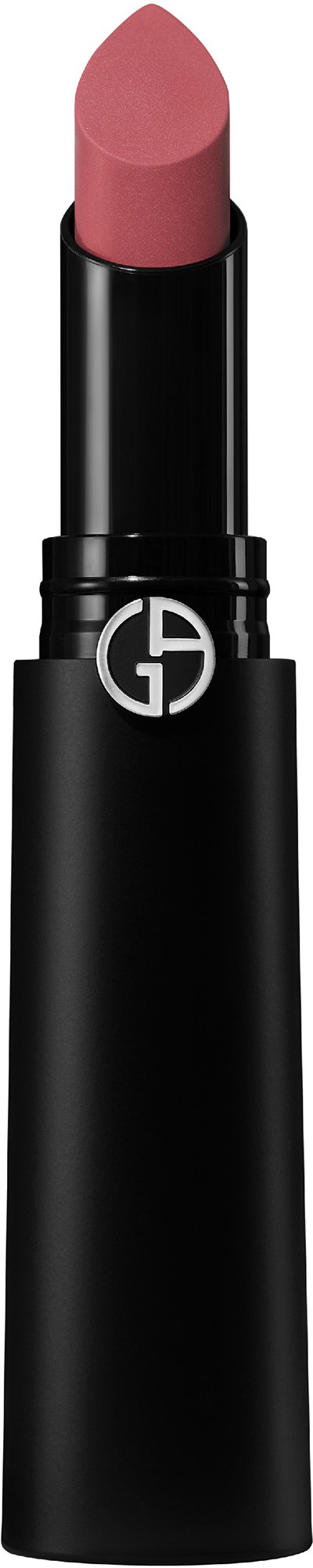 A lipstick in a black case with a silver logo, with a pinkish shade visible.