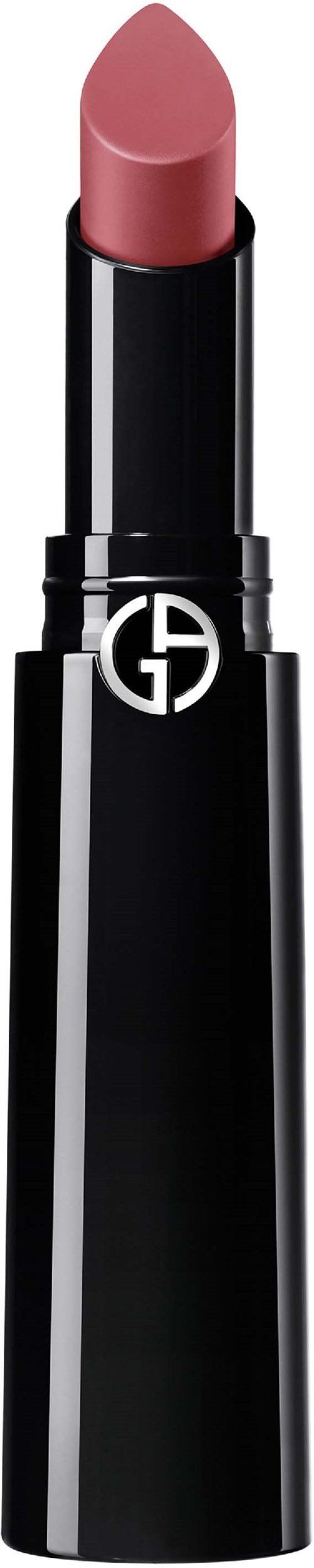 A lipstick in a shiny black tube with a logo, showing a peach-colored lipstick tip.