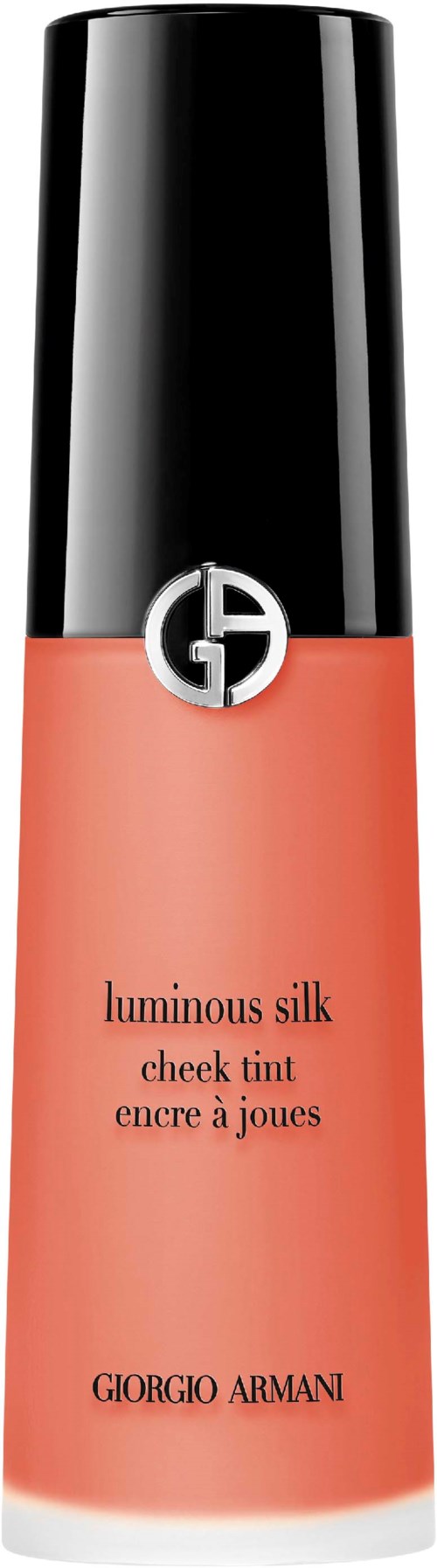 Giorgio Armani luminous silk cheek tint -pullo, musta ja koralli väri.