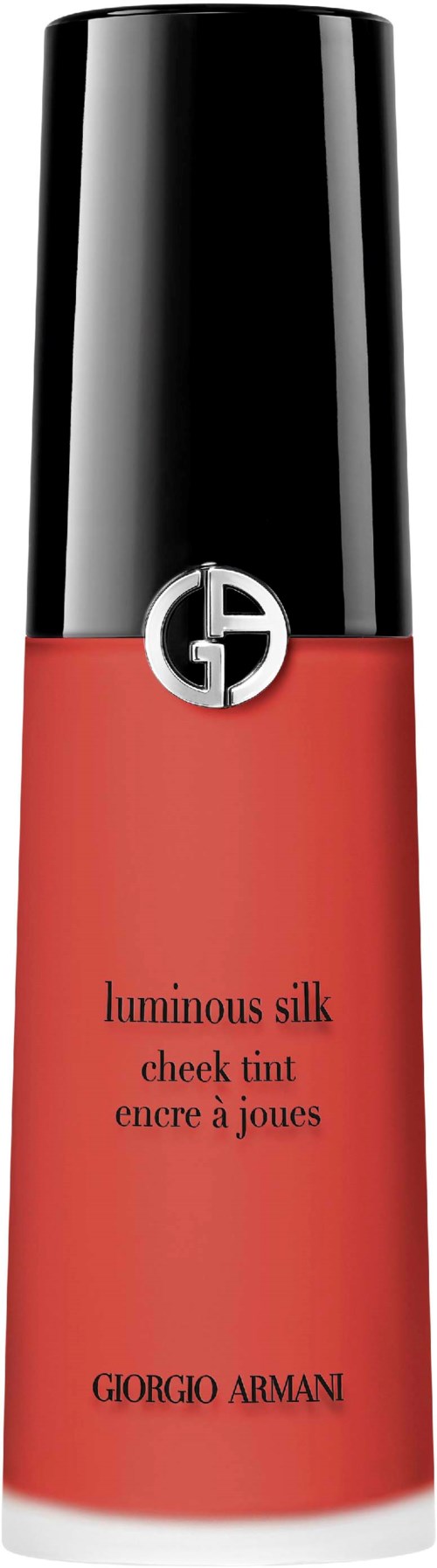Punainen poskipunapullo mustalla kannella ja hopeisella logolla. Teksti on 'luminous silk cheek tint' ja 'Giorgio Armani.'
