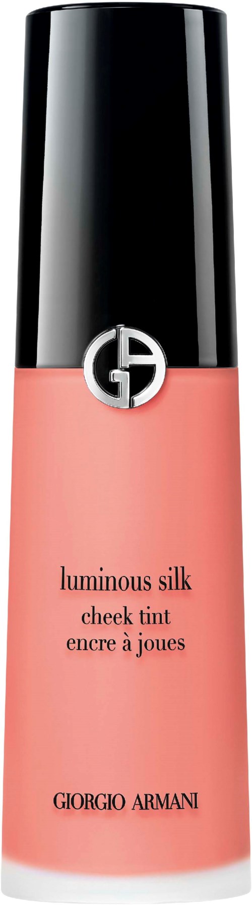 Vaaleanpunainen poskiluomiväritölkki, jossa on musta kansi ja hopea logo, nimeltä 'Luminous Silk Cheek Tint' Giogio Armani.