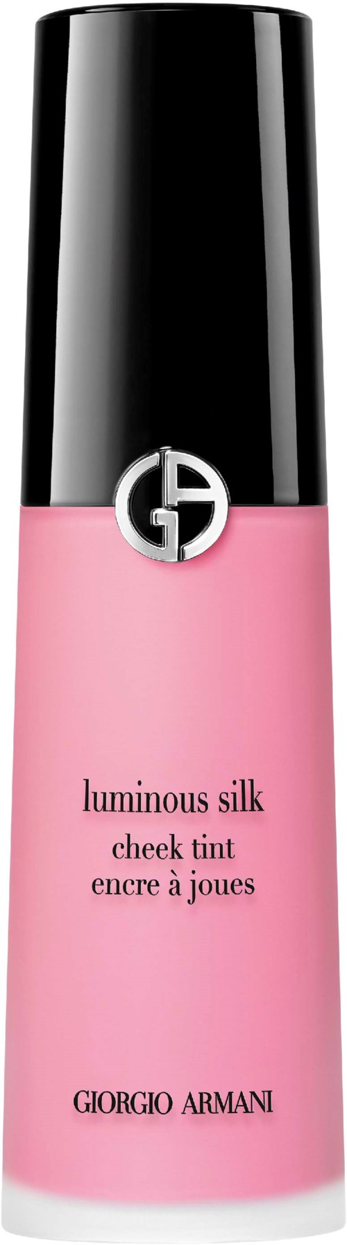 Pink blush bottle with black cap, Giorgio Armani logo, labeled 'luminous silk cheek tint'.