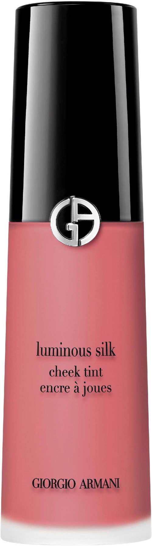 Een roze blush met een zwart deksel, merk Giorgio Armani, genaamd Luminous Silk Cheek Tint.