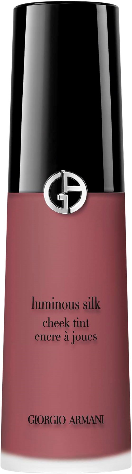 Roosanvärinen poskipunapullo mustalla kannella, GIORGIO ARMANI logo ja tuotteen nimi Luminous Silk.