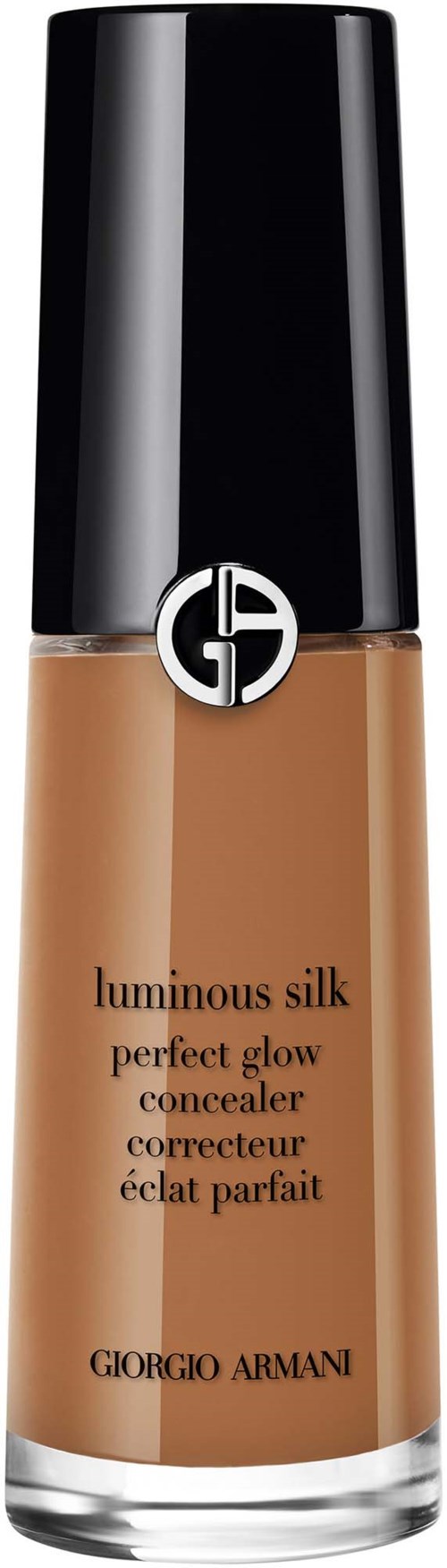 Giorgio Armani Luminous Silk peitevoidepullo, jossa musta korkki ja beige neste.