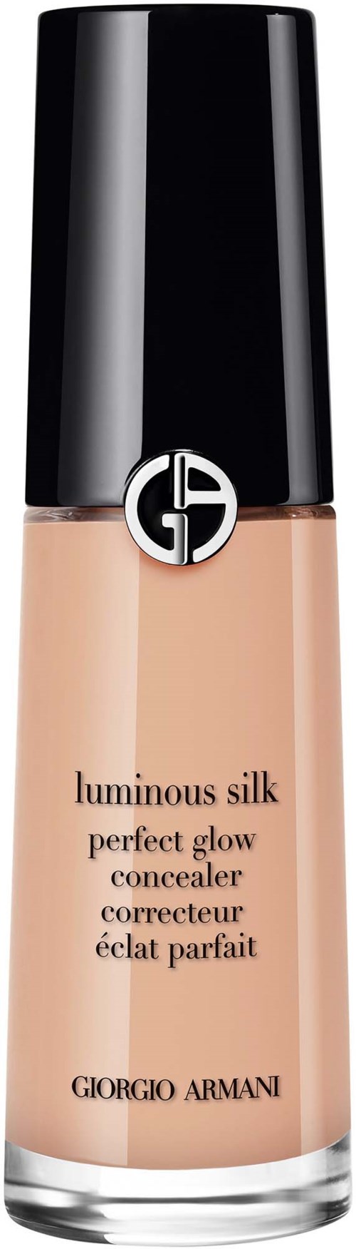 Beige nestemäinen peiteaine lasipullossa, jossa on musta hylsyn ja Giorgio Armani-logon. Luminous Silk on merkitty siihen.