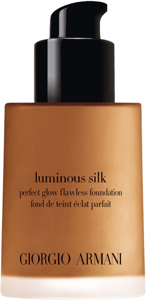 En flaska av Giorgio Armani Luminous Silk foundation med pump, beige färg och svart topp.