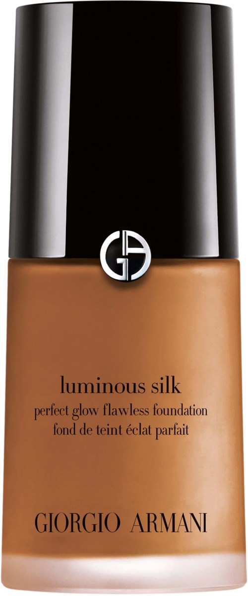 Eine Flasche Giorgio Armani luminous silk Foundation mit schwarzem Deckel und Logo.
