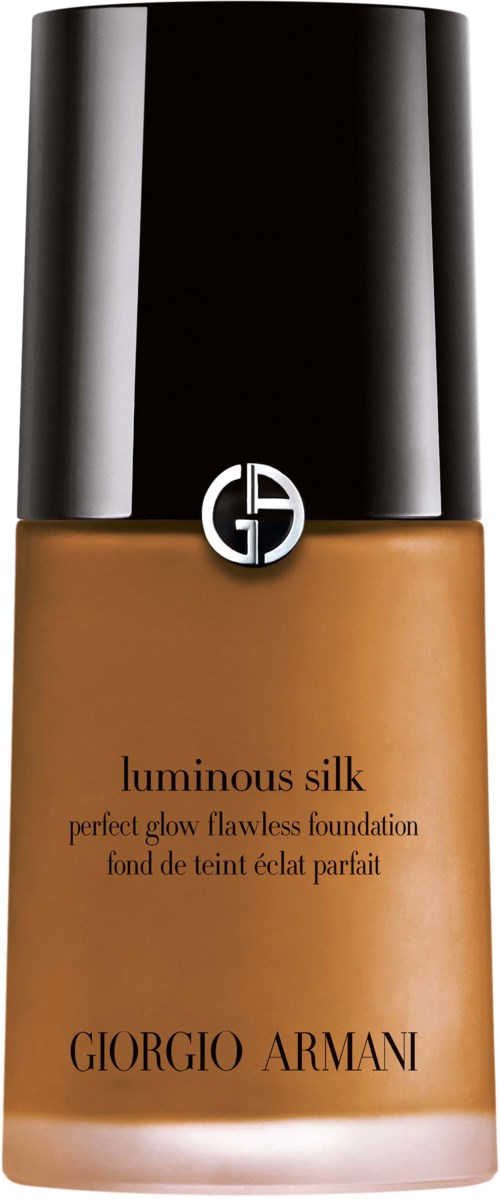 En flaska Giorgio Armani luminous silk foundation med svart lock och brunt flytande innehåll.