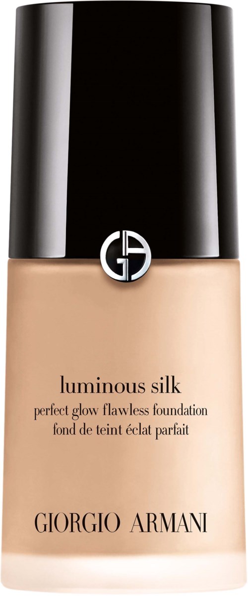 Eine Flasche Giorgio Armani Luminous Silk Foundation, beigen Farbton, mit schwarzem Verschluss und Logo.