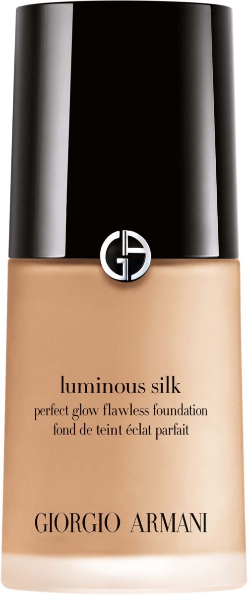 En flaska Giorgio Armani luminous silk foundation med svart lock och beige vätska.