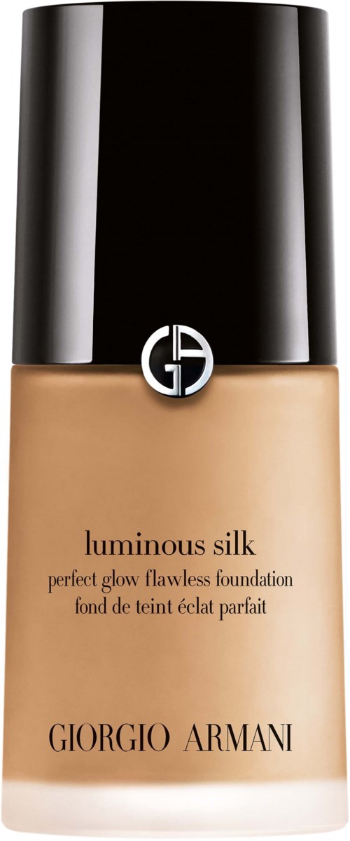 En flaska med Giorgio Armani luminous silk foundation med svart lock och beige vätska inuti.