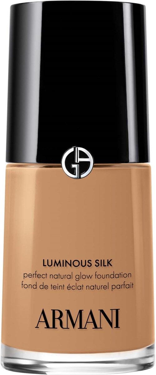 Armani foundation bottle with black cap and beige liquid inside. Logo and product name on front.