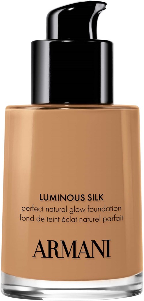 A bottle of Armani Luminous Silk Foundation with a pump, in a beige color, and black cap.