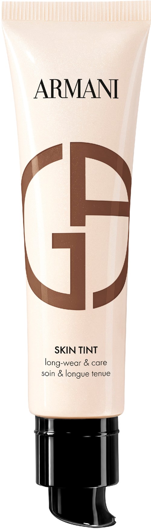 Armani-skyddstontub med svart pump, vit och brun design, och logo på.