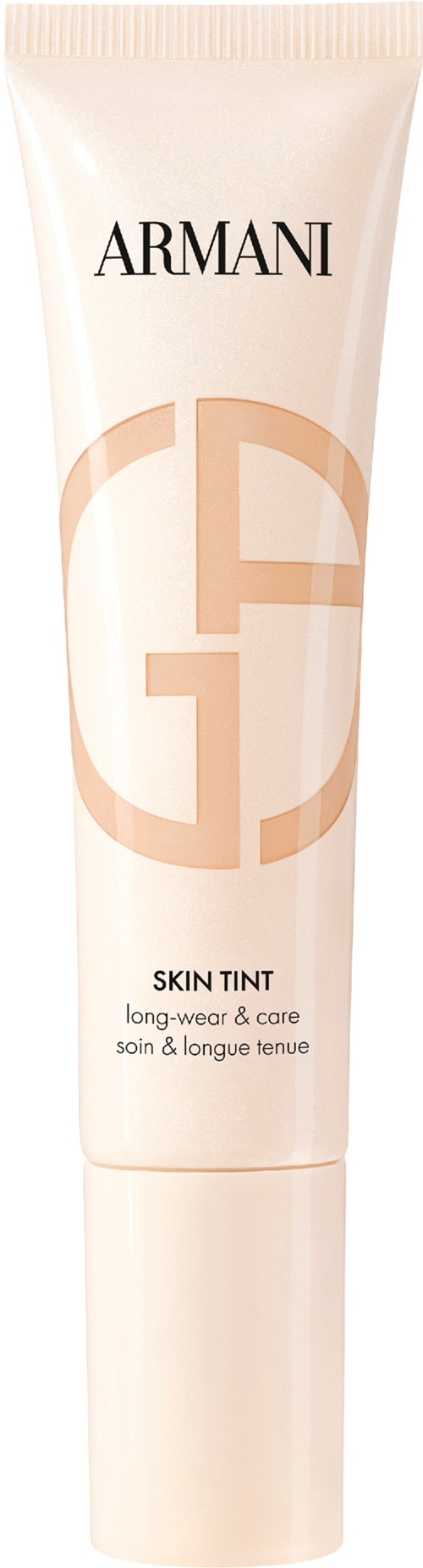 En vit tub med beige logotyp och text, märkt ARMANI, för hudtoning, långvarig och vård.