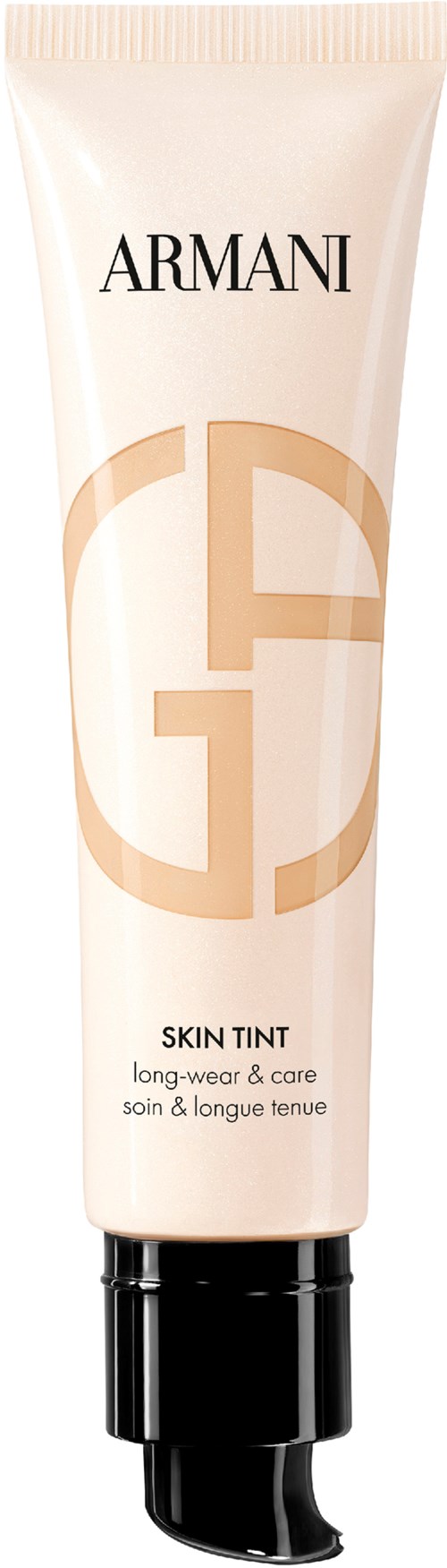 Armani skin tint i en beige tub med svart pump, med varumärkets logotyp och produktbeskrivning.