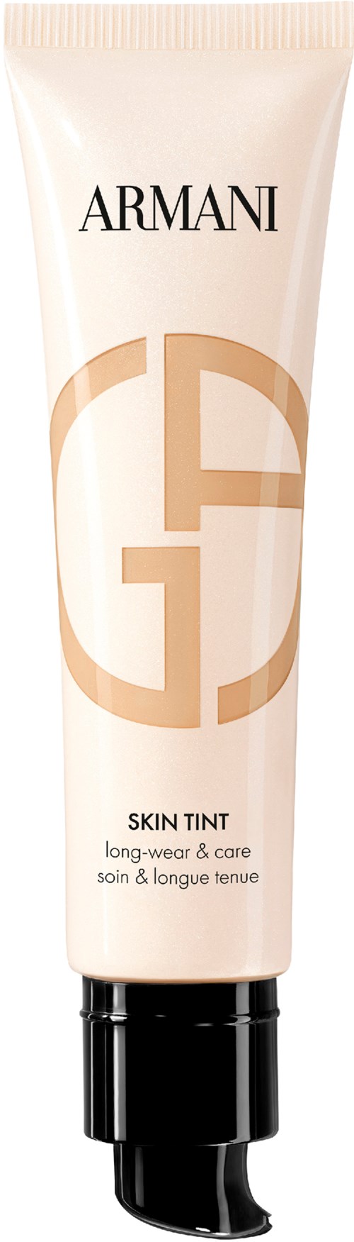 En tub med Armani Skin Tint med logotyp, visar produkten för långvarig hållbarhet och vård, i beige och svart design.