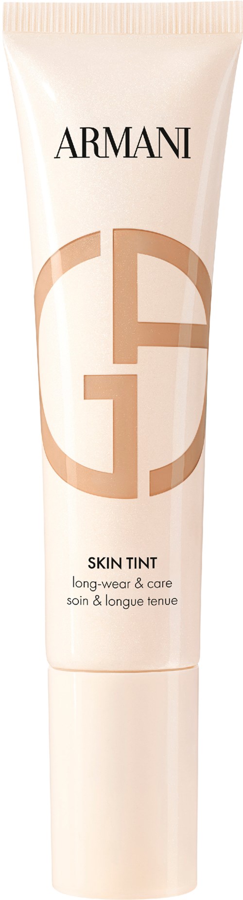 Armani hudtoning i ett långt beige tube med svart och brunt text och logga.