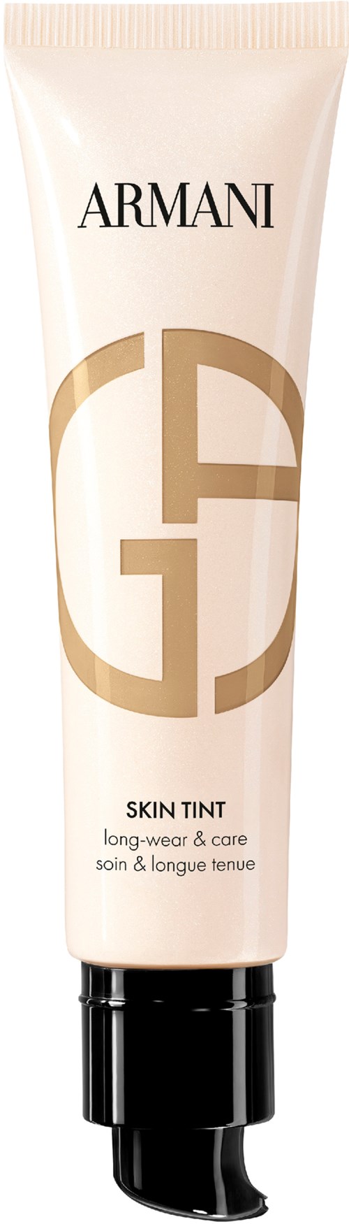 Armani skin tint i tub med guldig logga och svart pump, märkt för långvarigt och vårdande.