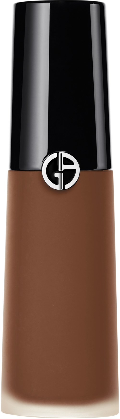 Eine braune Flüssigkeits-Make-up-Flasche mit schwarzem Deckel und G-Logo.