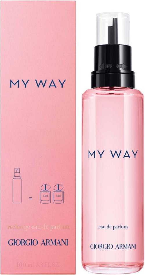 Eine rosa Parfüfflasche mit schwarzem Deckel und passender rosa Box mit Parfümmotiven. Beschriftung sagt 'MY WAY' von Giorgio Armani.