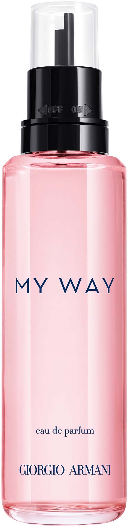 Eine rosa Parfüm-Sprühflasche mit durchsichtigem Deckel, beschriftet 'MY WAY' von Giorgio Armani.