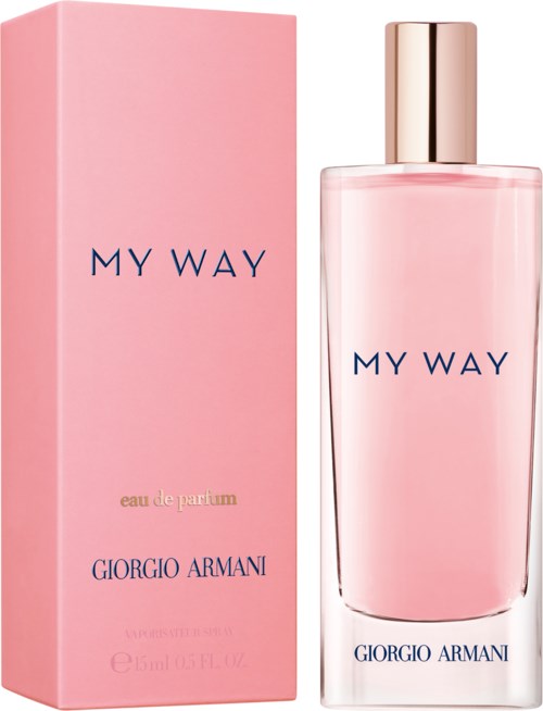 En rosa parfyllflaska och matchande box med orden: MY WAY, Giorgio Armani, eau de parfum.
